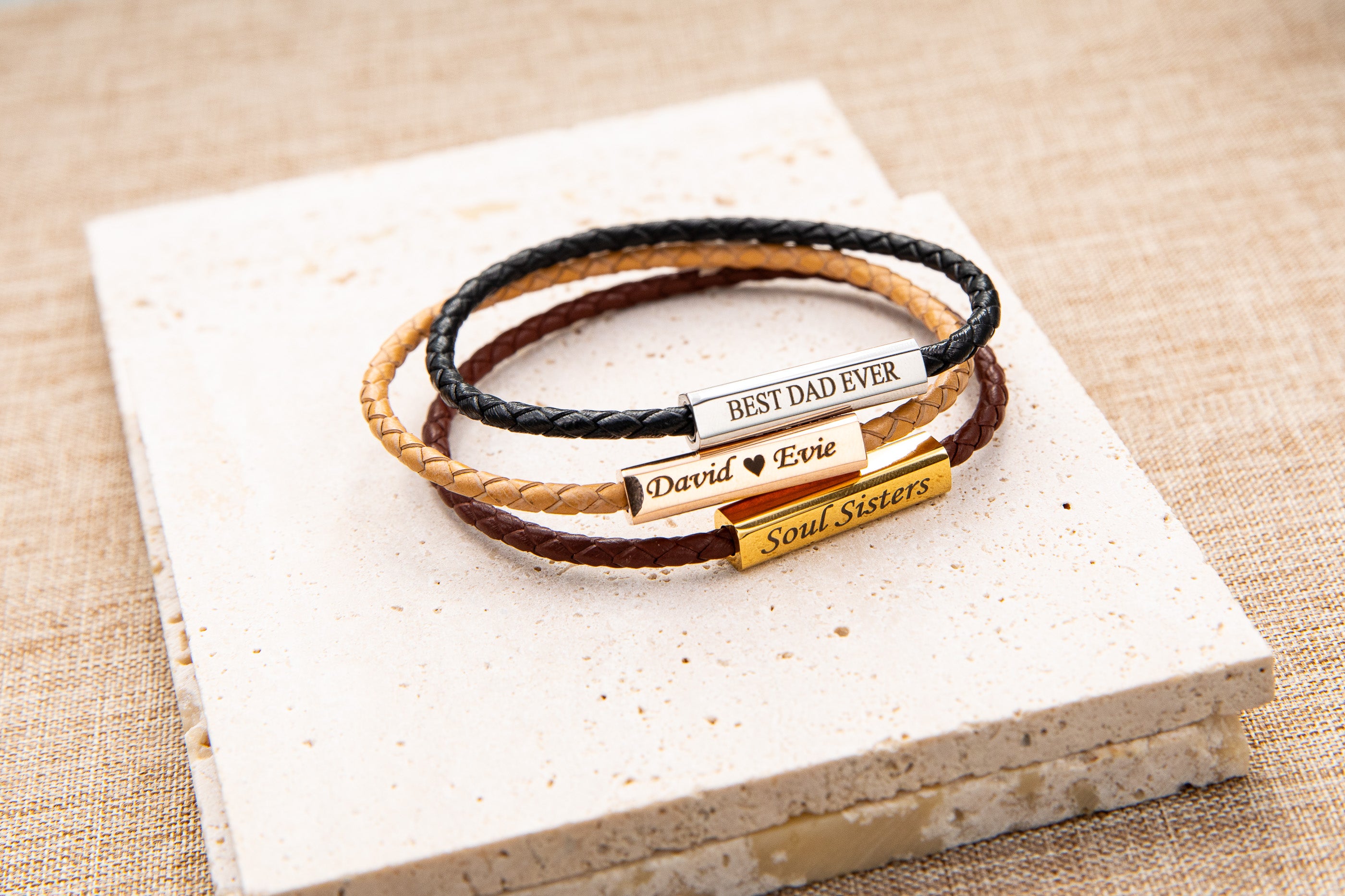 Personalized Geniune Leather Braided Bracelet for Men and Women: Engraved Message Charm