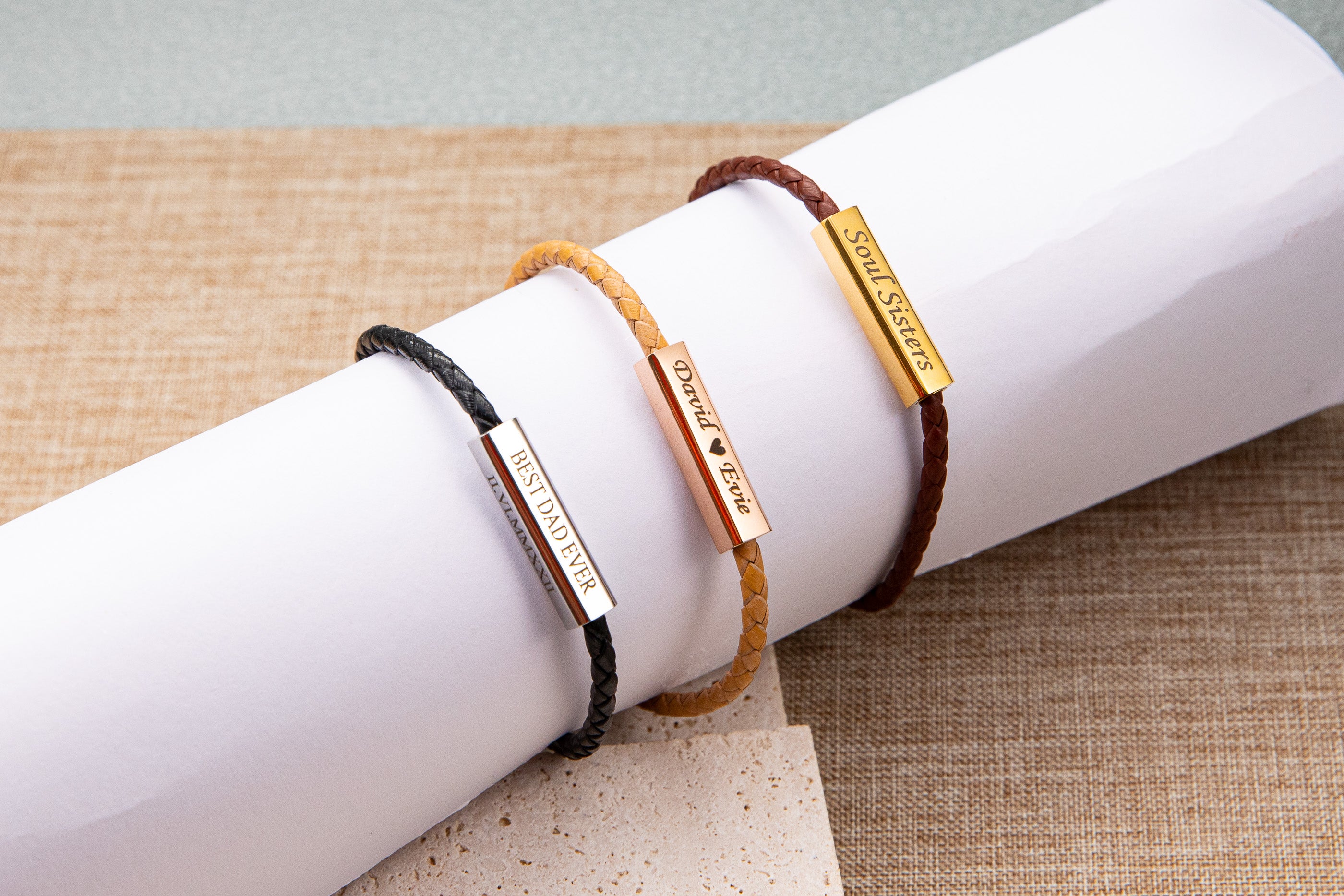 Personalized Geniune Leather Braided Bracelet for Men and Women: Engraved Message Charm