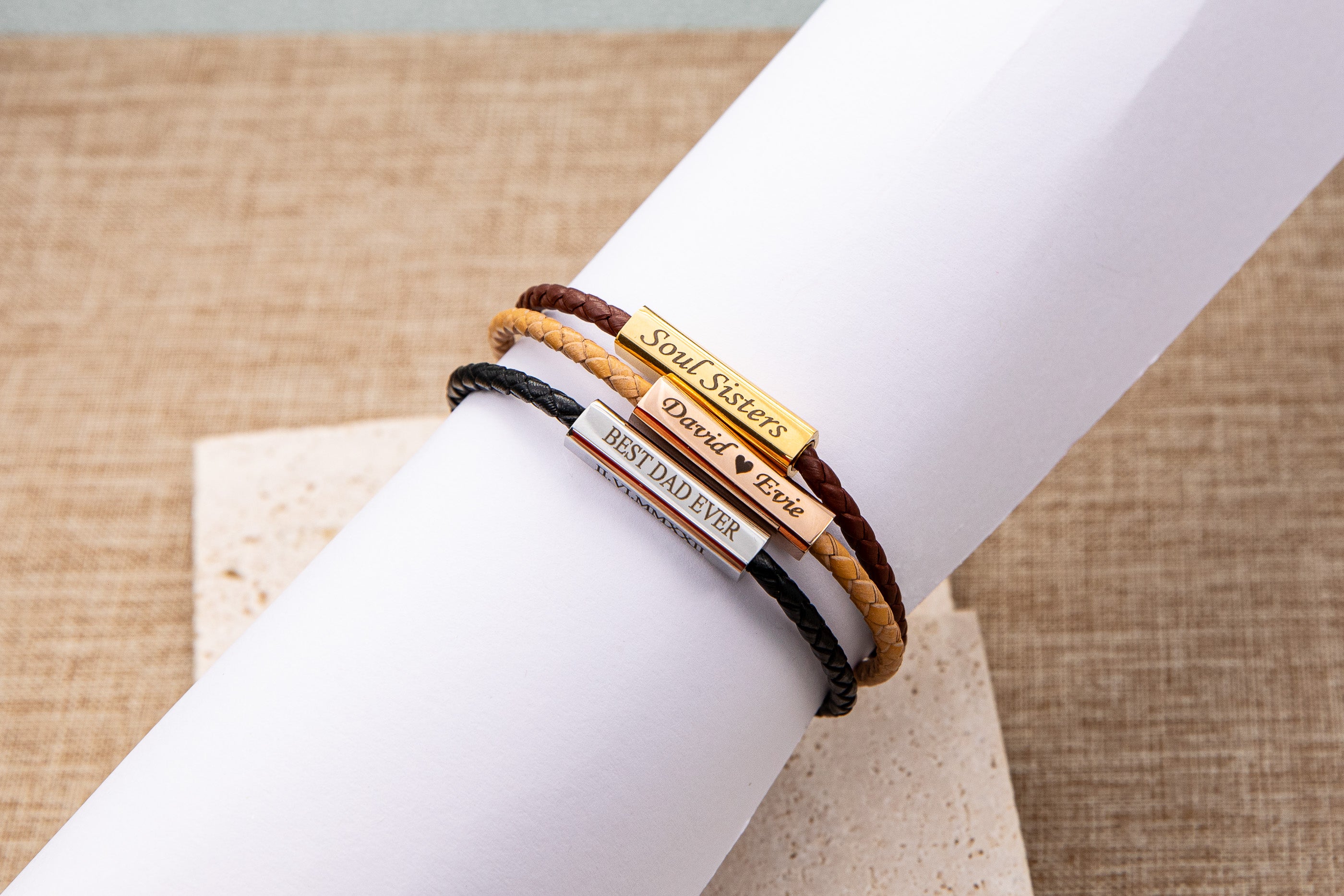 Personalized Geniune Leather Braided Bracelet for Men and Women: Engraved Message Charm