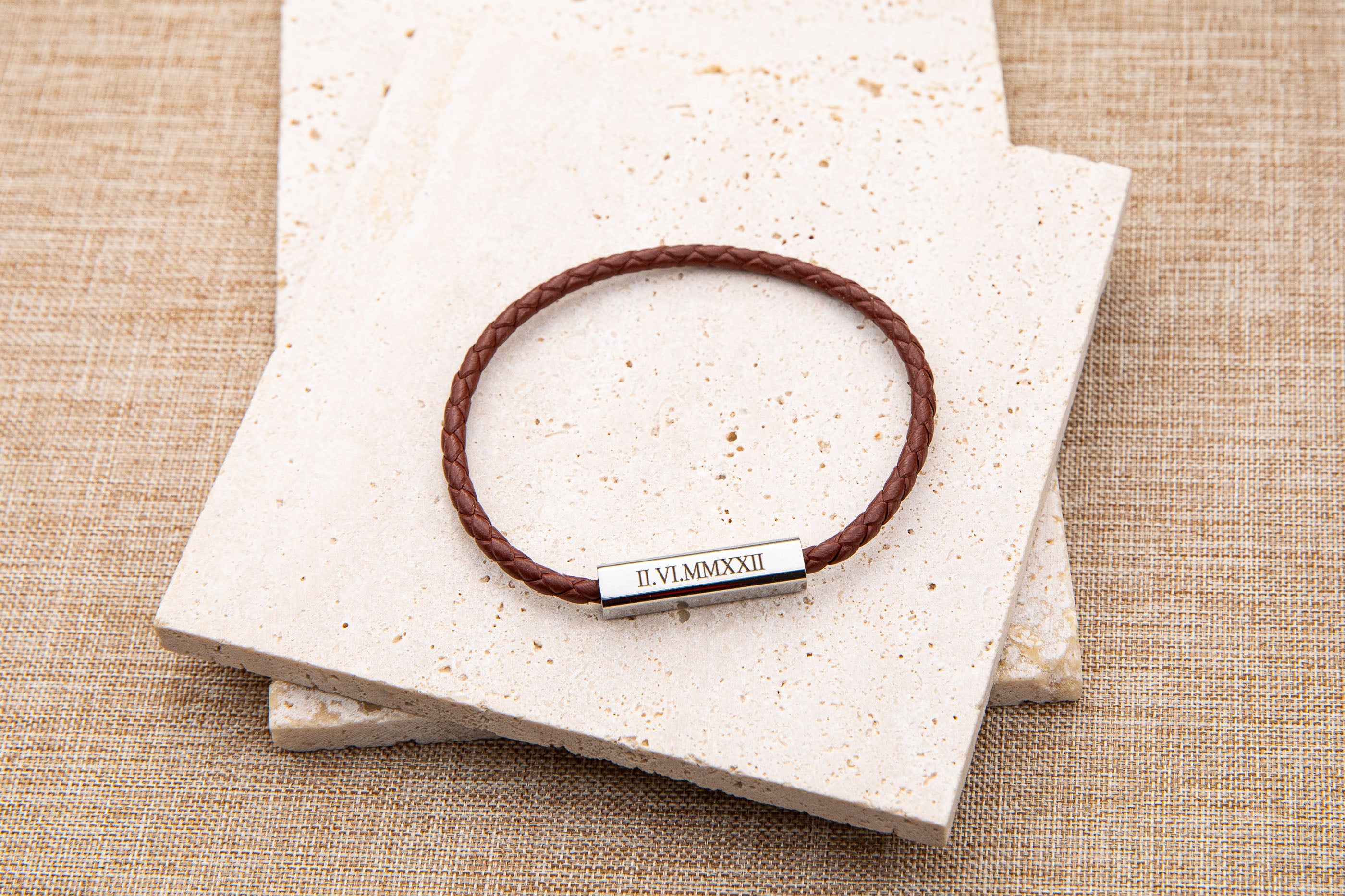 Personalized Geniune Leather Braided Bracelet for Men and Women: Engraved Message Charm