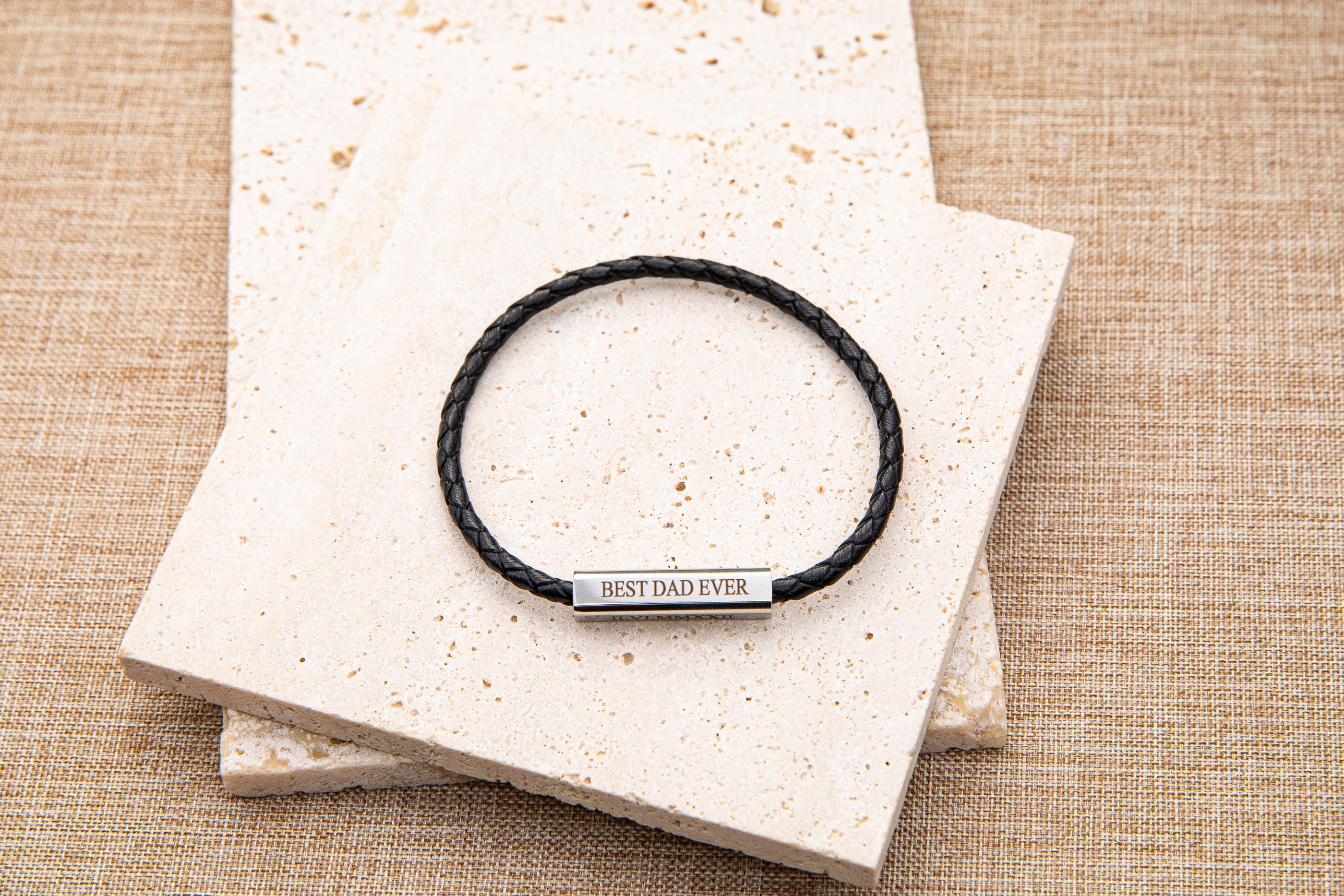 Personalized Geniune Leather Braided Bracelet for Men and Women: Engraved Message Charm