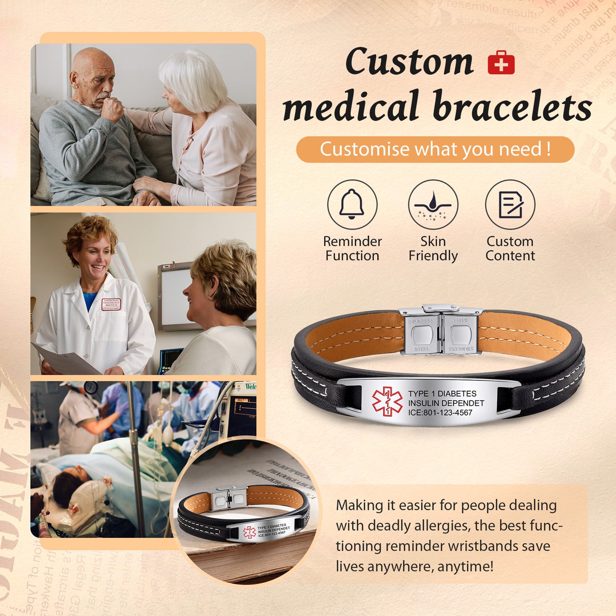 Medical Alert ID Bracelet for Men, Men Leather Medical Bracelet, Diabetes Bracelet, Father's Day Gift, Medical Jewelry, Gift For Him