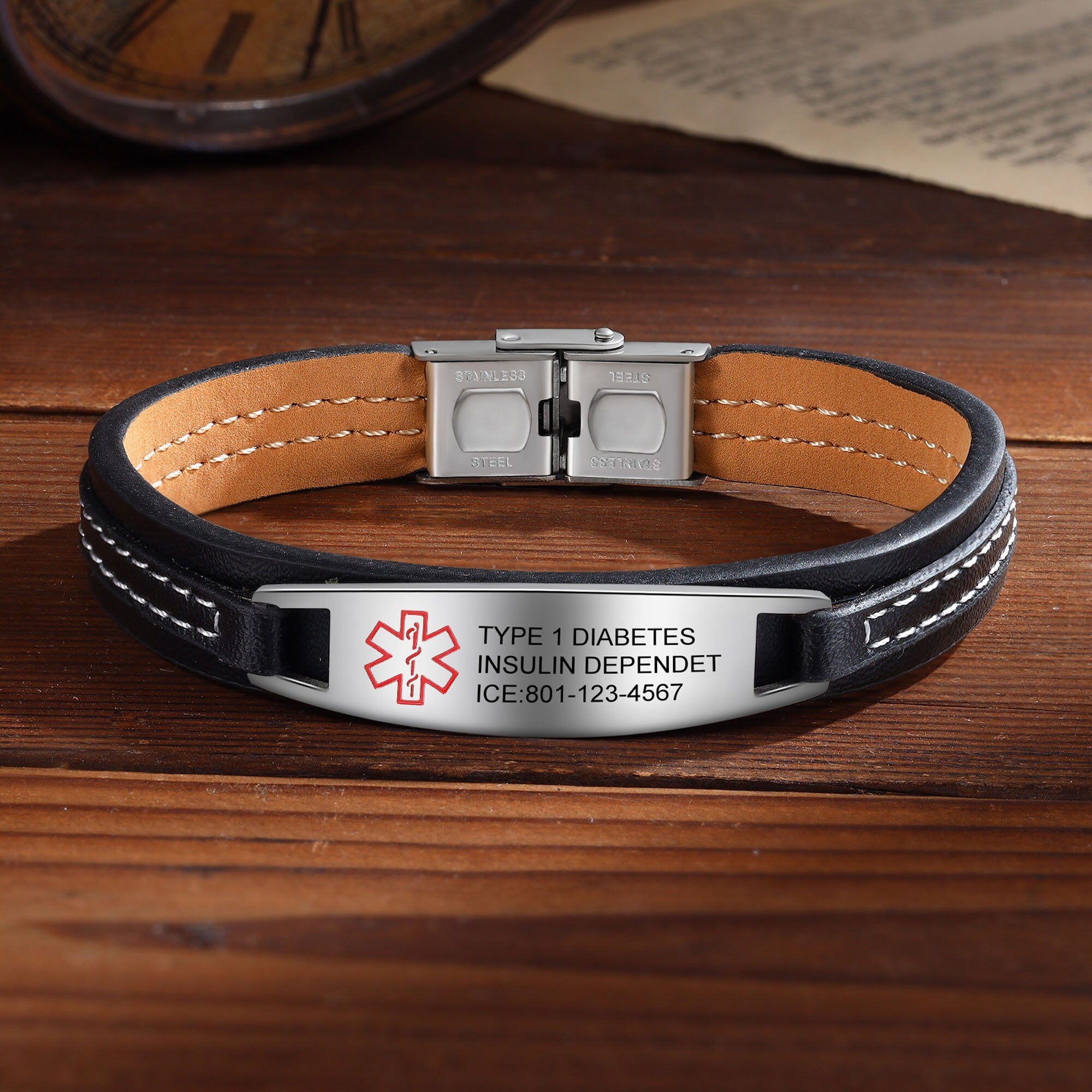 Medical Alert ID Bracelet for Men, Men Leather Medical Bracelet, Diabetes Bracelet, Father's Day Gift, Medical Jewelry, Gift For Him