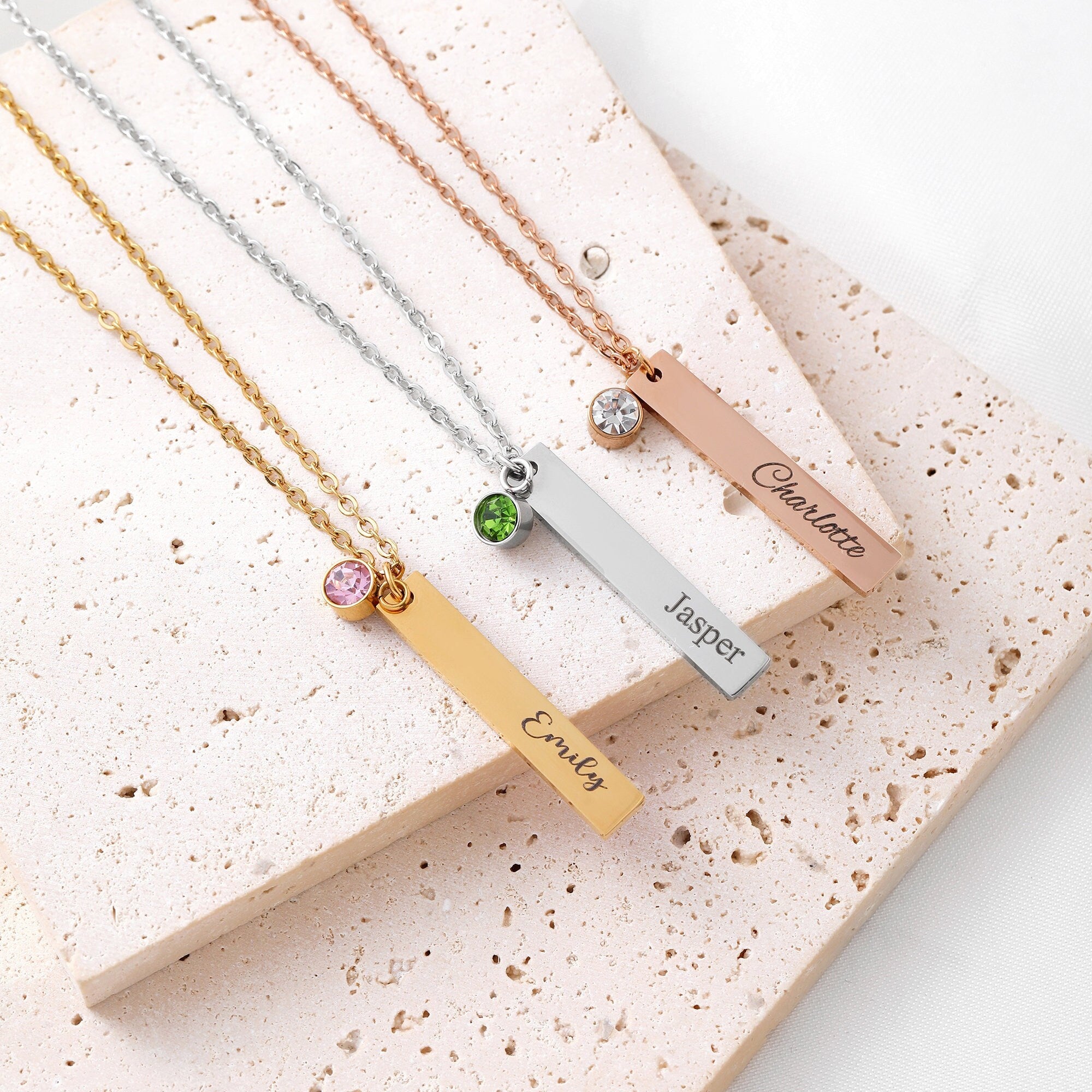 Vertical Bar Name Necklace with Birthstone, Family Birthstone Necklace, Custome engraved Bar Necklace, Mom Necklace, Mothers day Gift