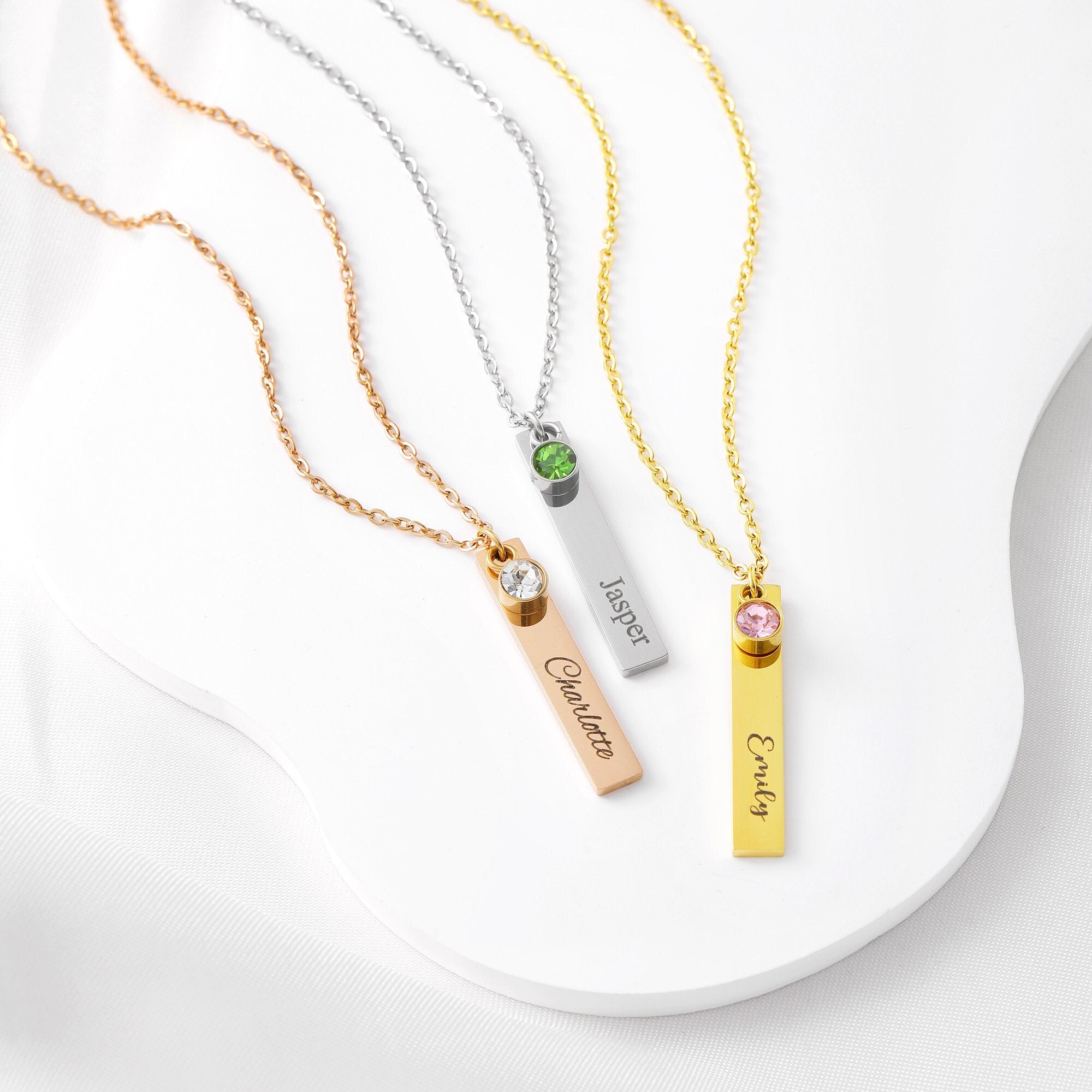 Vertical Bar Name Necklace with Birthstone, Family Birthstone Necklace, Custome engraved Bar Necklace, Mom Necklace, Mothers day Gift