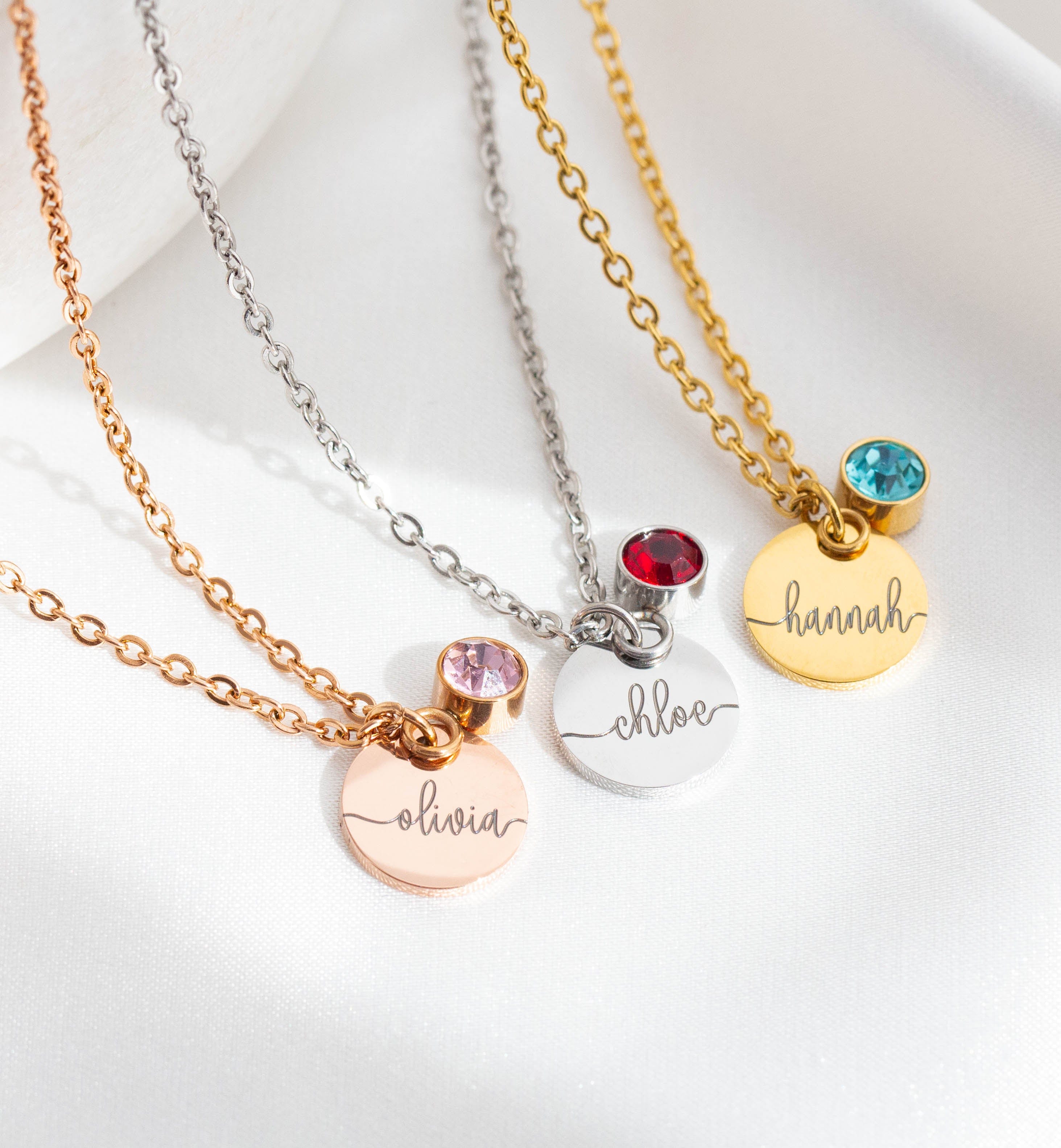 Disc Name Necklace with Birthstone