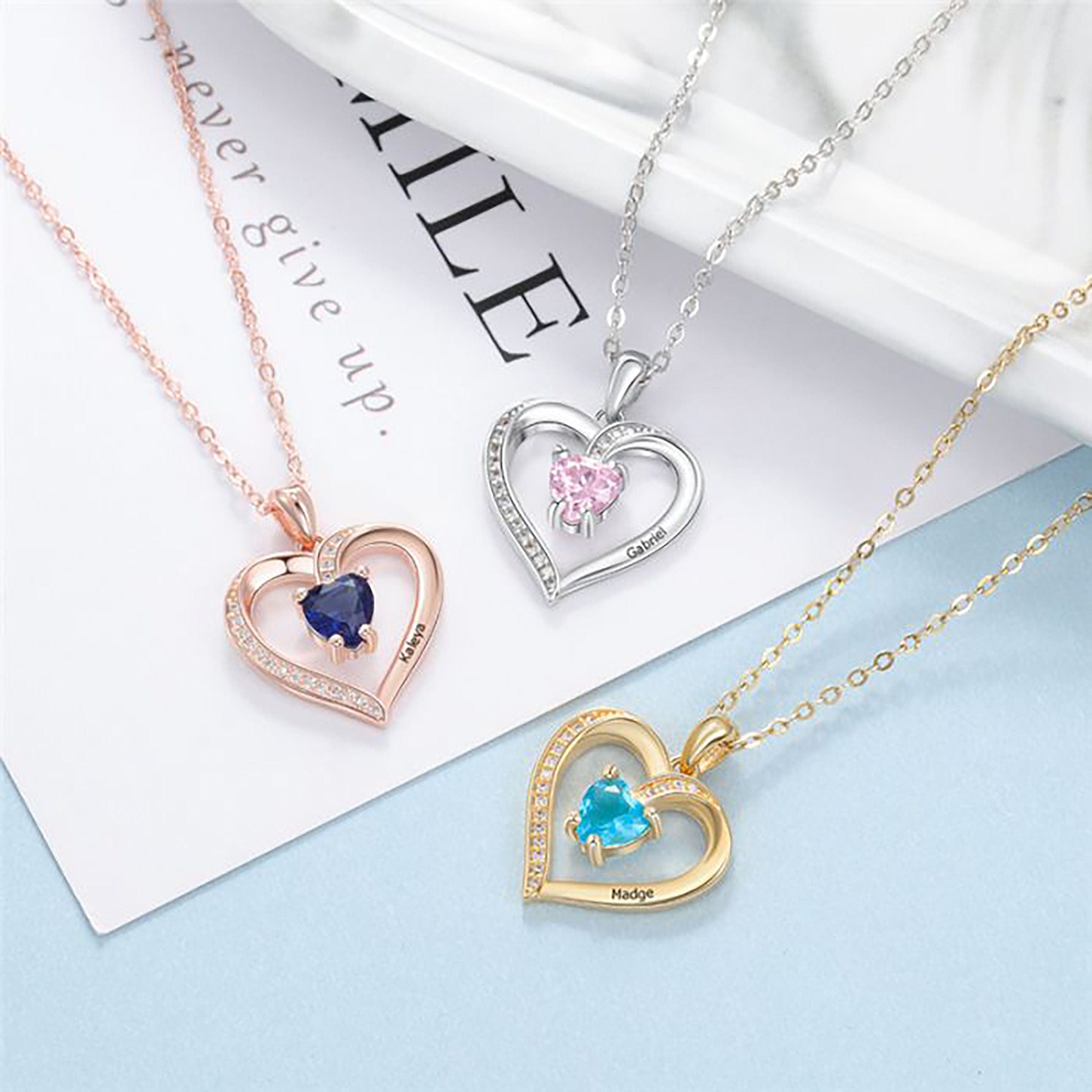 Personalised Heart Necklace with birthstone and names