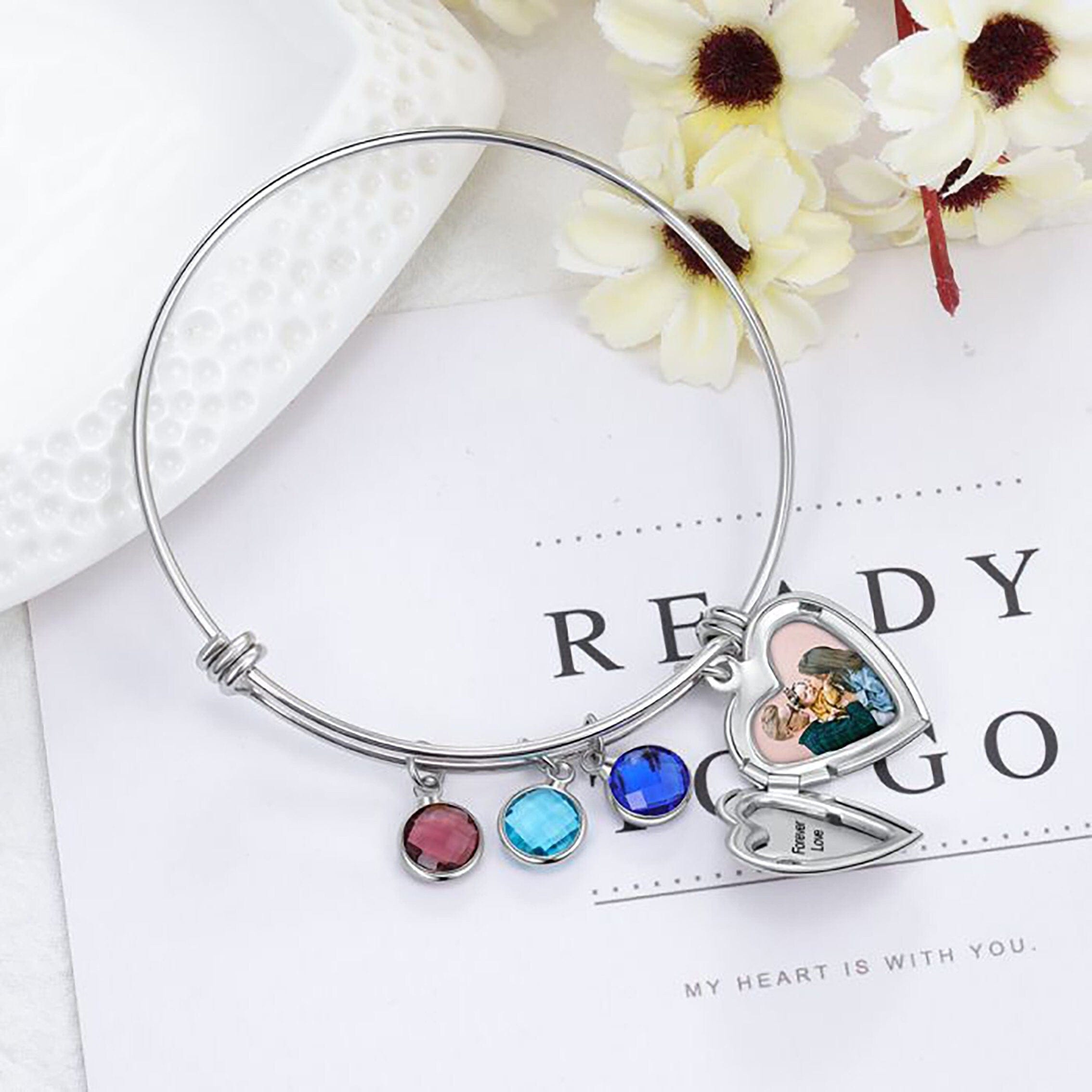 Personalised Photo Bracelet with Birthstone and heart locket charm