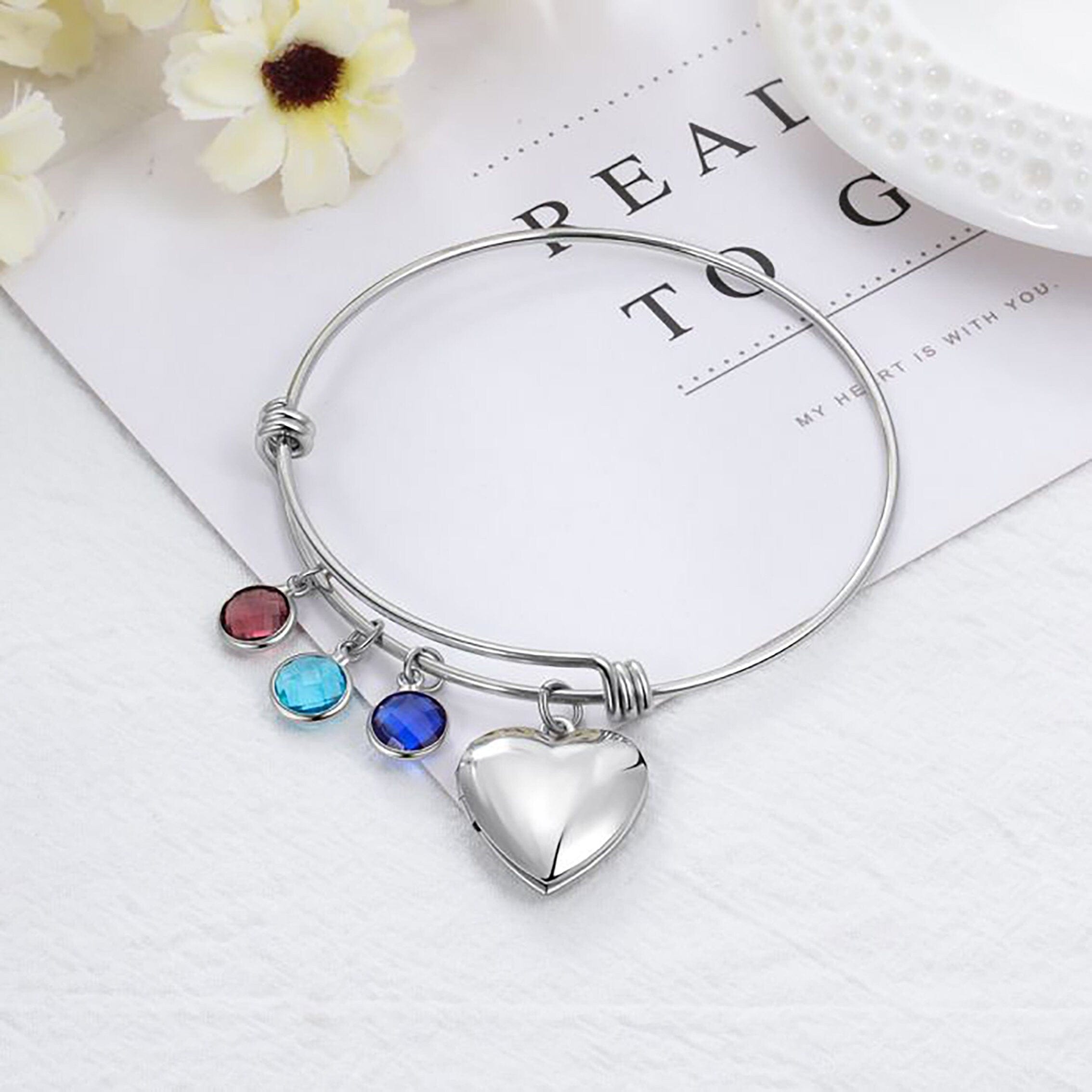 Personalised Photo Bracelet with Birthstone and heart locket charm