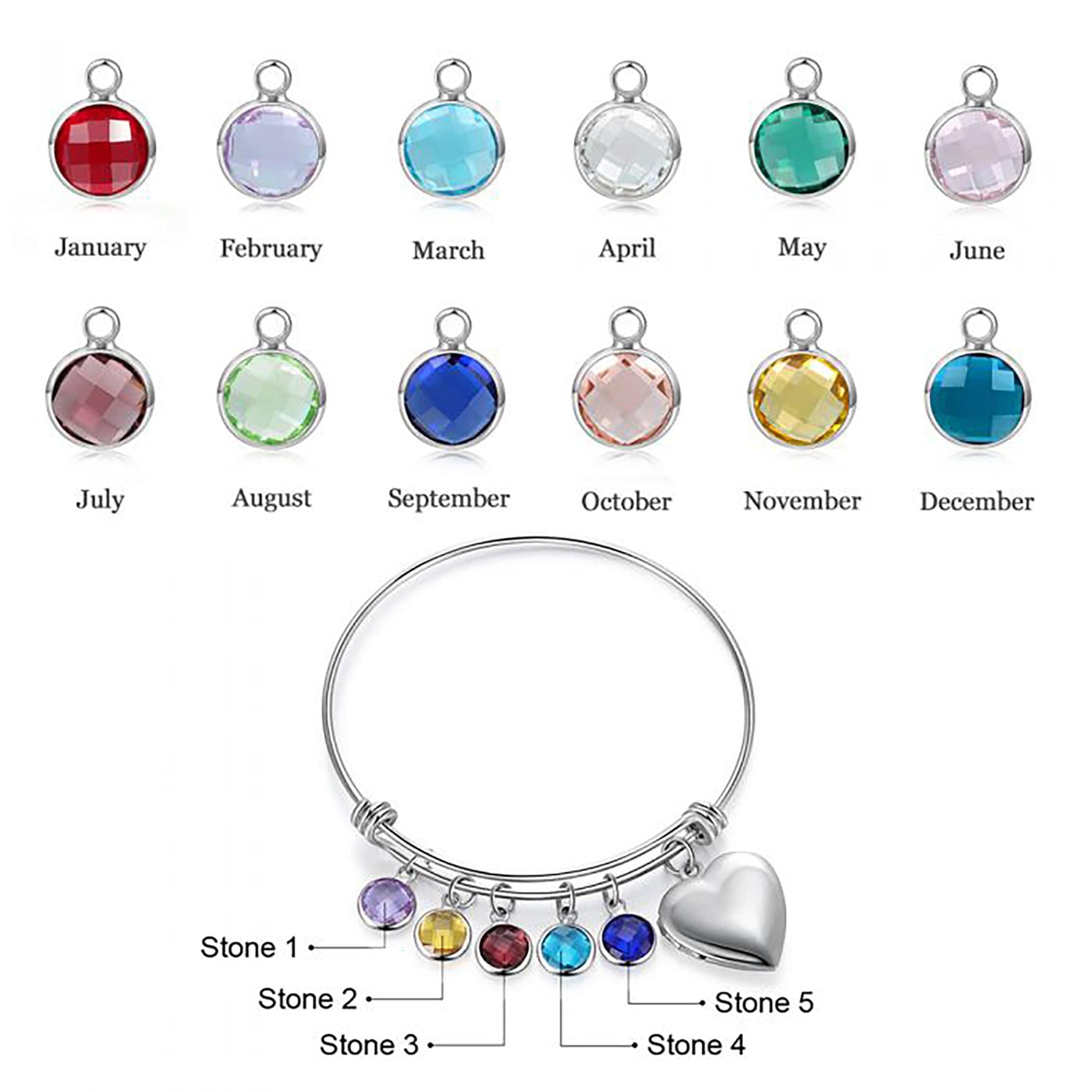 Photo Bracelet with Birthstone and heart locket charm