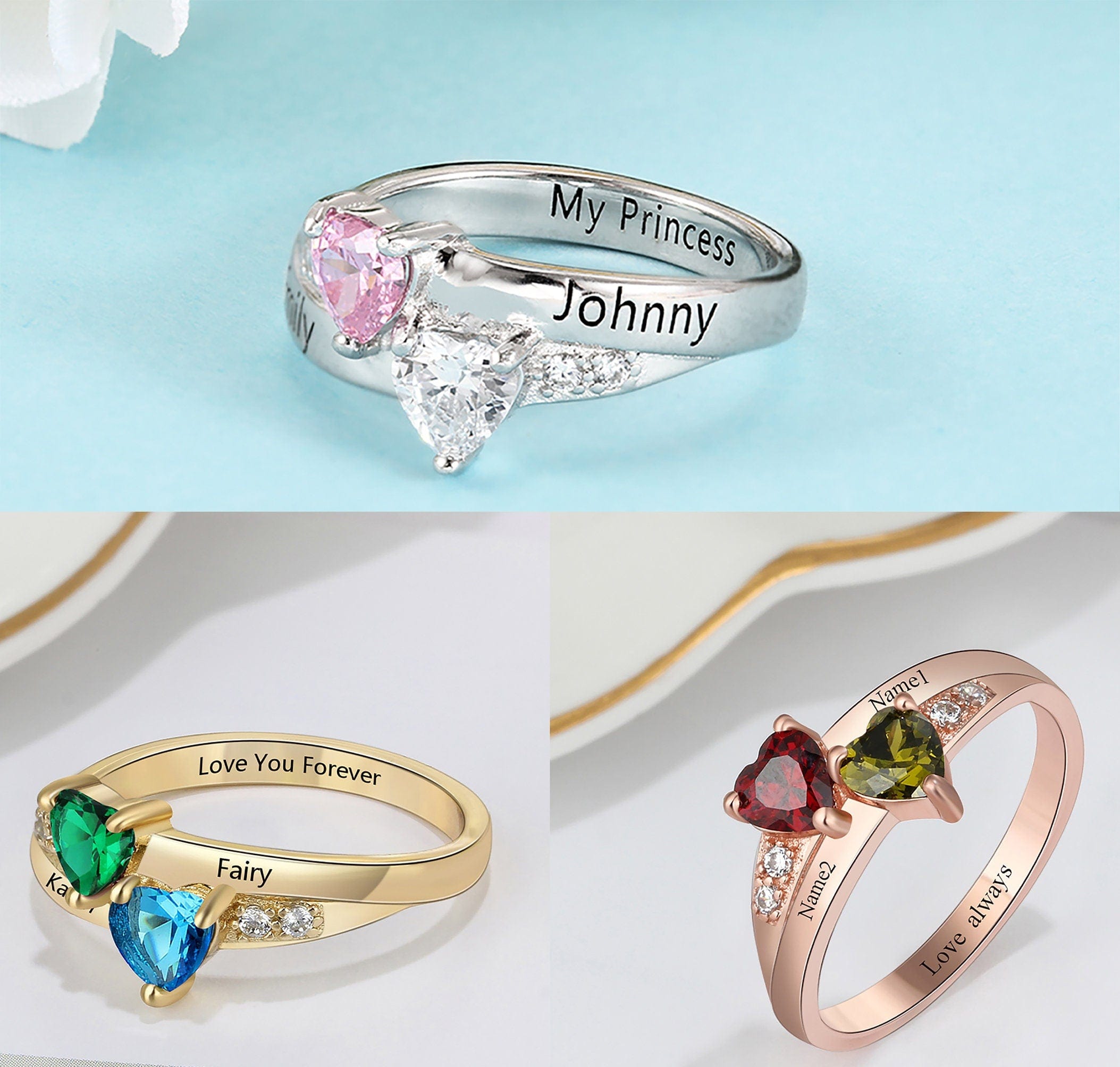 Sterling Silver Birthstone Ring with names